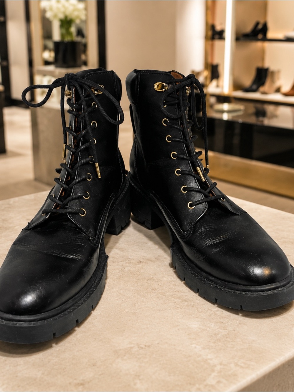 Coach Biker Combat Goth Mid Black Leather Calf Round Toe Lace up Combat Boots